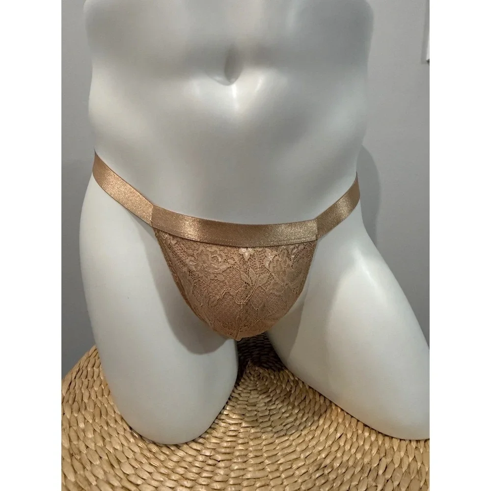 Cosabella Never Say Never Men's Italian Lace Thong Nude Beige Size XL NWT
